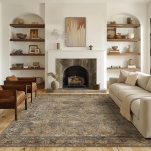 Area Rug 8x10 Machine Washable Vintage Distressed Print Ultra-Thin Chenille Bedroom Living Room Accent Rug, Low Pile Lightweight Non Slip with Gripper, Sage/Charcoal