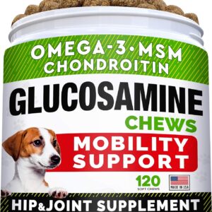 Glucosamine Treats for Dogs - Joint Supplement w/Omega-3 Fish Oil - Chondroitin, MSM - Advanced Mobility Chews - Joint Pain Relief - Hip & Joint Care - Chicken Flavor - 120 Ct - Made in USA