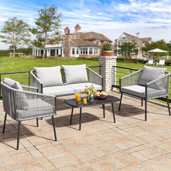 YITAHOME 4-Piece Patio Furniture Outdoor Bistro Set, All Weather Double Gray Rope Conversation Loveseat for Backyard, Balcony, Deck with Soft Cushions and Metal Table (Gray) - Image 3