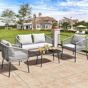 YITAHOME 4-Piece Patio Furniture Outdoor Bistro Set, All Weather Double Gray Rope Conversation Loveseat for Backyard, Balcony, Deck with Soft Cushions and Metal Table (Gray)