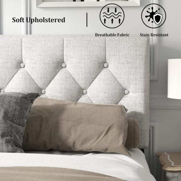 Queen Size Platform Bed Frame with Upholstered Button Tufted Headboard, Mattress Foundation with Wooden Slat Support, Noise Free, No Box Spring Needed, Easy Assembly, Light Grey - Image 5