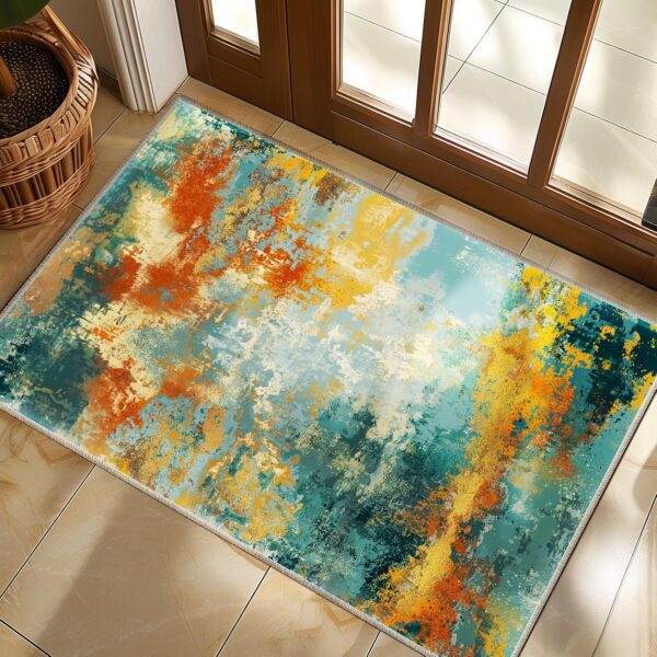 Washable Rugs 5x7 - Modern Abstract Area Rugs for Living Room, Non Slip Low Pile Foldable Print Rug for Bedroom Dining Room Office Teal Orange