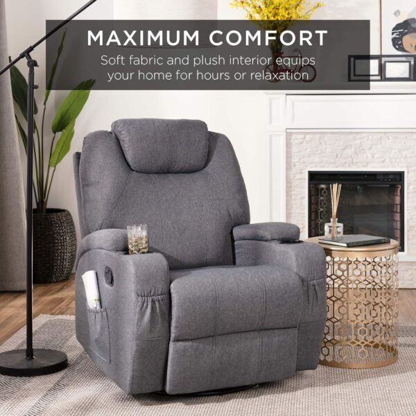 Best Choice Products Executive Linen Fabric Swivel Electric Massage Recliner Chair w/Remote Control, 5 Heat & Vibration Modes, 2 Cup Holders, 4 Pockets - Gray - Image 7