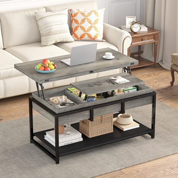 Itaar Lift Top Coffee Table, 4 in 1 Coffee Tables with Storage for Living Room, Farmhouse Coffee Table Converts to Dining Table for Living Room, Home Office, Grey - Image 2