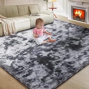 Ultra Soft Rug for Living Room, 5X8 Fluffy Shag Area Rug for Bedroom, Modern Shaggy Carpets Fuzzy Rug for Teens Dorm Nursery Home Decor Aesthetic, Upgrade Anti-Skid Durable, Tie Dye Black and Grey