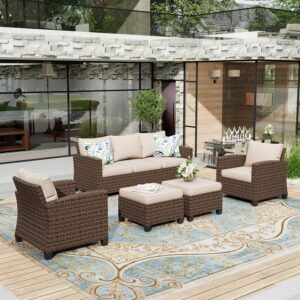 HERA'S HOUSE Patio Furniture Sets, Outdoor Wicker Furniture with Ottomans, 5 Pieces Outdoor Sofa Couch Conversation Set with Cushioned Rattan Chairs for Garden Poolside Backyard, Beige