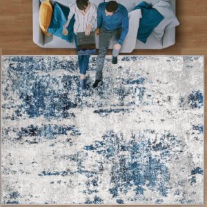 Area Rug Living Room Rugs 5x7, Large Soft Abstract Rug Washable Rug Non-Slip Non-Shedding Low-Pile Morden Indoor Floor Carpet for Living Bedroom Office Dining Room (Grey Blue,5'x7')