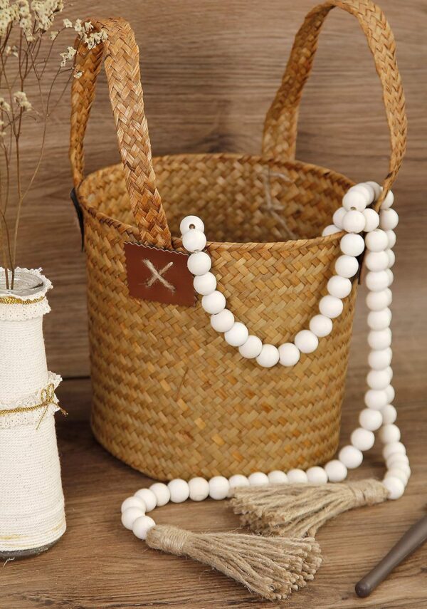 58in Wood Bead Garland with Tassels,Farmhouse Beads Rustic Country Decor Prayer Boho Beads Wall Hanging Decoration (Nature) - Image 5