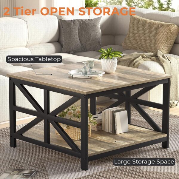 GreenForest Coffee Table with Storage, 27.6 inch Square Coffee Table, Seamless One-Piece Tabletop Design, Small Coffee Tables for Living Room, Farmhouse Sofa Table, Rustic Center Table, Grey Wash - Image 4