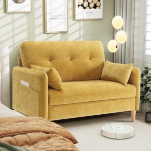 Hanherry Loveseat Sofa, 47” Small Couch for Living Room, Comfy Chenille Fabric Love Seat for Bedroom withThrow Pillow,Removable Cushion Cover,Couches for Small Space,Apartment,Dorm (Yellow, 47 Inch)