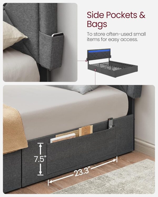 VASAGLE LED Bed Frame Full Size with Headboard and 4 Drawers, 1 USB Port and 1 Type C Port, Adjustable Upholstered Headboard, No Box Spring Needed, Dark Grey URMB822G71 - Image 7