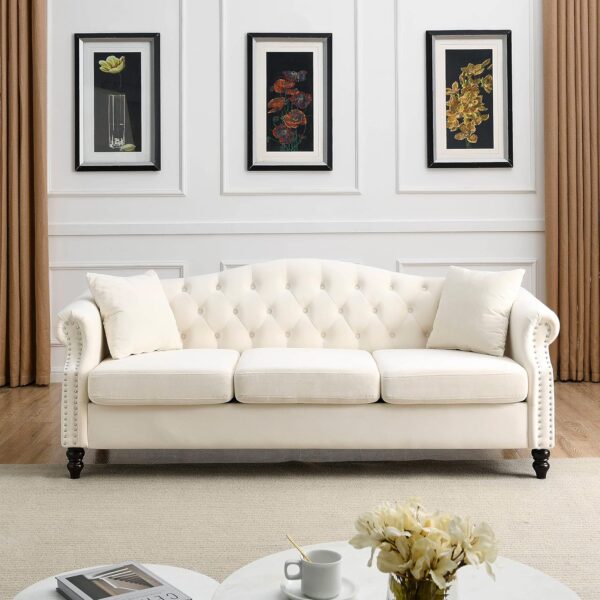Bellemave 2 Piece Chesterfield Sofa Set for 6, 3 Seater + 3 Seater Sofa Set, Couch and Couch Set, Velvet Upholstered Tufted Couch Set with Pillows, Nailhead & Rolled Arms for Living Room (Grey) - Image 4