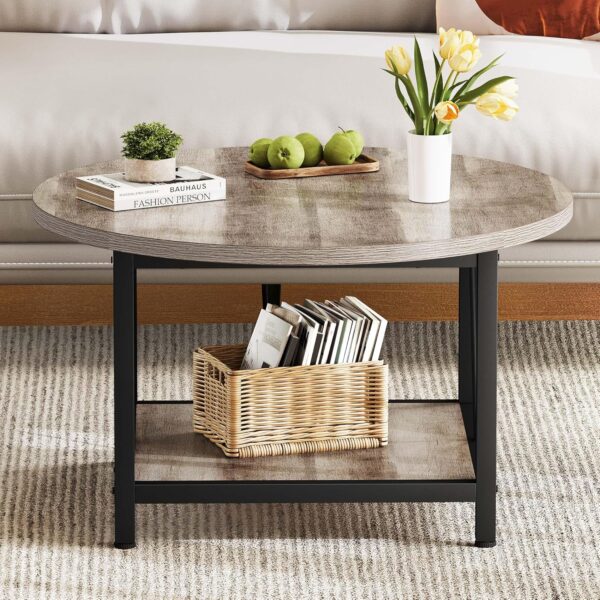DWVO Round Coffee Table, Coffee Tables for Living Room, Small Coffee Table, 2 Tier Circle Table with Open Storage Shelf, Rustic Wood Coffee Table with Metal Frame, Easy Assembly, Grey Wash - Image 5