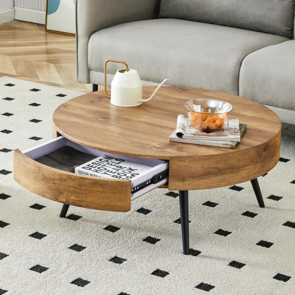 Wooden Coffee Table Modern Rectangular Coffee Table Rustic Center Table with Metal Leg for Living Room Reception Room Office (Brown (Drawer), Round) - Image 3