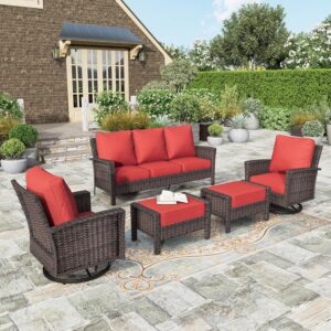 HERA'S HOUSE Patio Furniture Set with High Back Swivel Chairs, 5-Piece Outdoor Wicker Sectional Conversation Set with Ottomans for Garden Yard Porch, Red
