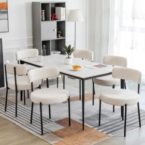 DYHOME Dining Chairs Set of 6, White Kitchen Dining Room Chairs, Mid Century Modern Upholstered Boucle Chairs for Living Room, Bedroom with Black Metal Legs
