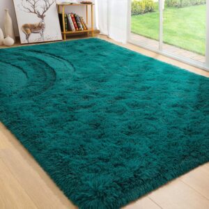 BENRON Teal Green Living Room Rug 5x8 Thickened Memory-Foam Area Rug Fluffy Bedroom Rugs for Girls Kids Room Shag Faux Fur Rug Anti-Slip Indoor Carpets Festival Home Decor
