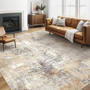 Area Rug Living Room Rugs: 5x7 Large Soft Machine Washable Abstract Modern Stain Resistant Indoor Floor Carpet Low Pile Accent Rug for Bedroom Dining Room Kitchen Nursery Office Dorm Home- Grey Gold