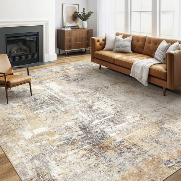 Area Rug Living Room Rugs: 5x7 Large Soft Machine Washable Abstract Modern Stain Resistant Indoor Floor Carpet Low Pile Accent Rug for Bedroom Dining Room Kitchen Nursery Office Dorm Home- Grey Gold