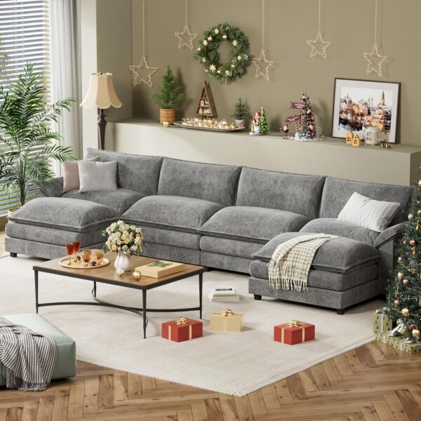 YESHOMY Sectional Modular Sofa U Shaped Chenille Fabric Couch with High Supportive & Soft Sponges and Removable Ottoman, Sleeper Comfy Upholstered Furniture for Living Room, Grey - Image 4