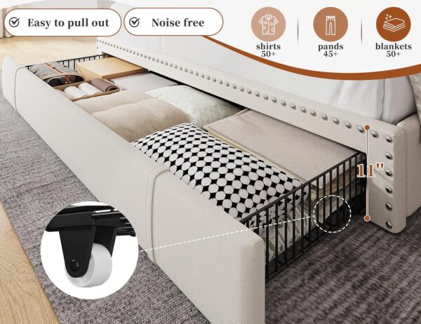 EnHomee Queen Bed Frame with Headboard and 3 Large Drawers, Upholstered Platform Bed Frame Queen Size with Storage, Queen Size Bed Frame with Headboard, Sturdy, No Box Spring Needed, No-Noise, Beige - Image 5