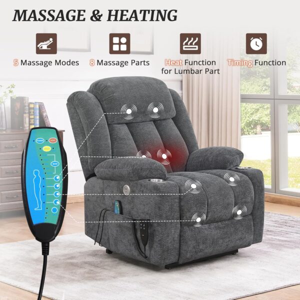 Oversized Power Lift Recliner Chair for Adults, Dual Motor Recliner Chair for Elderly, Lazyboy Recliner Chair with Heat and Massage, Infinite Position, USB Port, Side Pockets, Linen, Dark Gray - Image 4