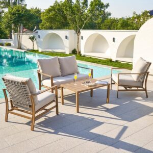NATURAL EXPRESSIONS 4 Pieces Patio Furniture Sets,Modern Metal Outdoor Conversation Sets with High Back All Weather Hand-Woven Rope Rocking Chairs, Loveseat, Metal Table, 6" Thick Olefin Cushions