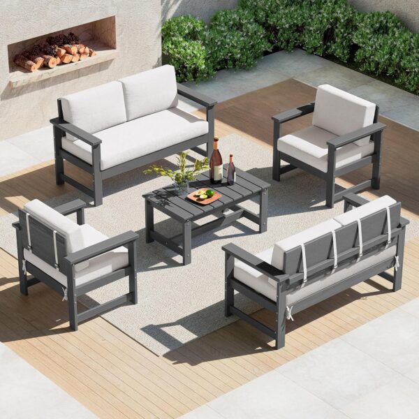 SERWALL 5 Pieces HDPE Outdoor Conversation Sofa Set with Cushions, Grey Frame and Khaki Cushion