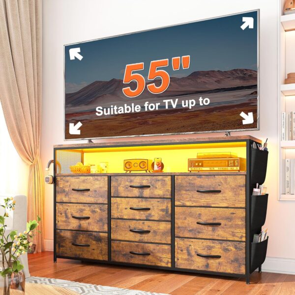 EnHomee Dresser TV Stand with 10 Drawers for 55" TV Stand for Bedroom with LED Lights & Power Outlets Wide Dresser for Bedroom with Shelves & Side Pockets Sturdy Metal Frame & Wood Top, Rustic Brown - Image 7