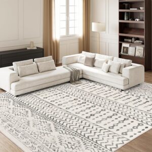 Art&Tuft 8x10 Area Rug, Super Soft Ultra-Thin Moroccan Washable, Anti-Slip Backing Rugs for Living Room, Foldable Geometric Machine Washable (8'x10', Ivory)