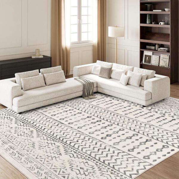 Art&Tuft 8x10 Area Rug, Super Soft Ultra-Thin Moroccan Washable, Anti-Slip Backing Rugs for Living Room, Foldable Geometric Machine Washable (8'x10', Ivory)