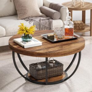 Tribesigns Round Coffee Table, Industrial 2-Tier Circle Coffee Table with Storage Shelves, Modern 31.7" Wooden Accent Center Table for Living Room, Home Office, Rustic Brown