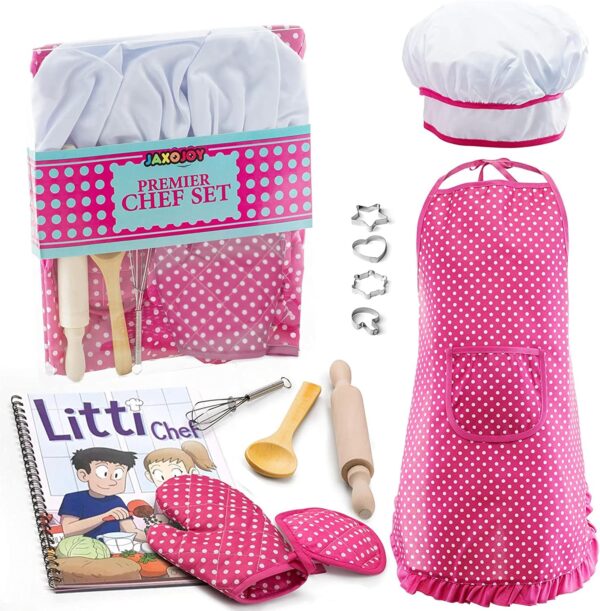 Kids Cooking and Baking Chef Set for Little Girls, Complete Cooking Sets, Toddler Dress Up & Pretend Play Dress Up Clothes for Little Girls, Kids Kitchen Toys 3-5 Years Old with Kids Aprons for Girls