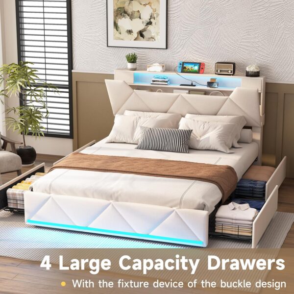 Vabches Full Bed Frame with Storage Headboard and 4 Drawers,Upholstered Platform with Charging Station and Led Lights,Adjustable Headboard,No Box Spring Needed,Beige - Image 6