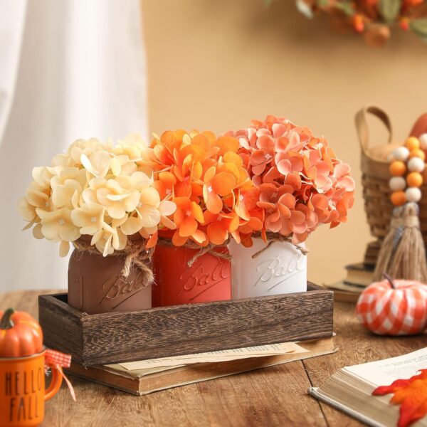 Fall Mason Jars, Fall Centerpiece Table Settings, Wood Tray with 3 Painted Jars, Dining Coffee Table Centerpiece For Kitchen Living Room Harvest Mason Jar Decor with Flowers, Thanksgiving Day - Image 3