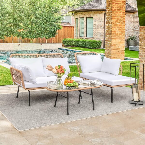 Devoko Outdoor Patio Furniture Set, Outdoor Sectional Conversation Rope Woven L-Shaped Sofa Set with Patio Table and Thick Cushions for Backyard Porch Balcony Garden, White - Image 2