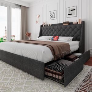 iPormis Full Size Bed Frame with 4 Storage Drawers, Upholstered Platform Bed Frame with Type-C & USB Ports, Wingback Storage Headboard, Solid Wood Slats, No Box Spring Needed, Dark Gray