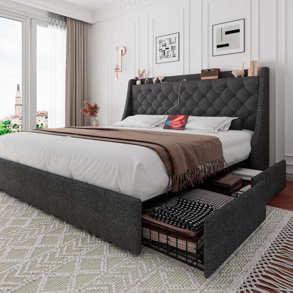 iPormis Full Size Bed Frame with 4 Storage Drawers, Upholstered Platform Bed Frame with Type-C & USB Ports, Wingback Storage Headboard, Solid Wood Slats, No Box Spring Needed, Dark Gray