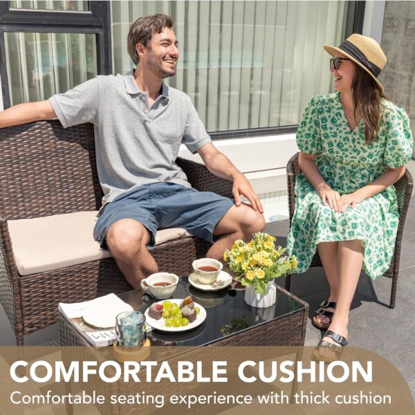 Devoko 4 Pieces Outdoor Patio Furniture Set, PE Rattan Wicker Chairs Balcony Lawn Porch Patio Furniture Sets with Beige Cushion and Table (Brown) - Image 3