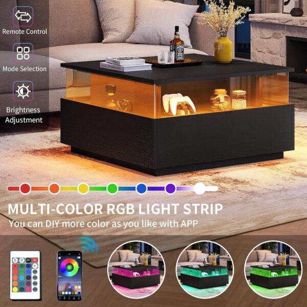 YITAHOME Coffee Table, Coffee Tables for Living Room with Storage, Square Coffee Table with 2 Sliding Drawers, Modern Coffee Table with LED Light, Acrylic Wood Center Table, Black - Image 7