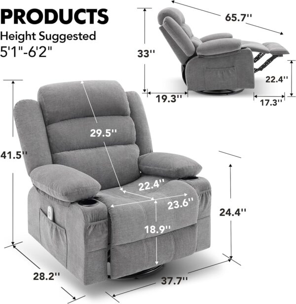 Rocker Recliner Chair with Heat and Massage, 360° Swivel Recliner Chairs for Adults, Oversized Recliner Single Sofa Seat with Cup Holders, Lazy Boy Recliner Single Sofa Seat, Grey - Image 2