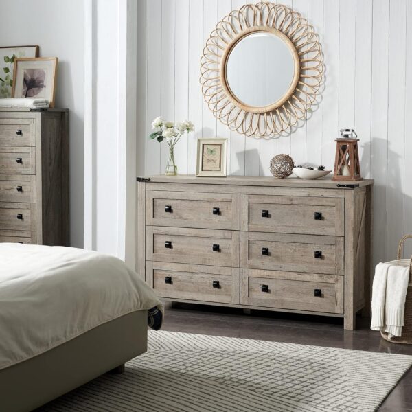 T4TREAM Farmhouse 6 Drawers Dresser for Bedroom, Wood Rustic Wide Chest of Drawers, Storage Dressers Organizer for Bedroom, Living Room, Hallway, Light Rustic Oak - Image 7
