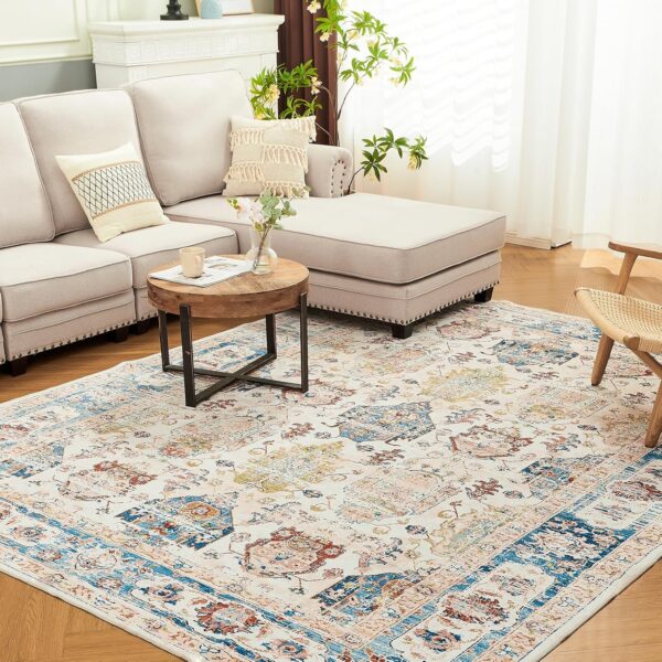 OIGAE Machine Washable Area Rug for Living Room Bedroom Farmhouse Home/Office Decor, 5x7 Carpet Vintage Style Ultra-Soft with Non-Slip Backing, 0.26In Thick, Green/Blue