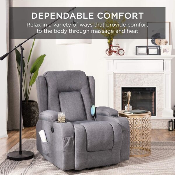 Best Choice Products Modern Linen Electric Power Lift Chair, Recliner Massage Chair, Adjustable Furniture for Back, Legs w/ 3 Positions, USB Port, Heat, Cupholders, Easy-to-Reach Button - Gray - Image 3