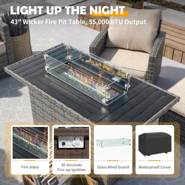 UDPATIO Outdoor Patio Furniture Set with 44" Fire Pit Table, 6 Pieces Sectional Conversation Sets, All-Weather Wicker Rattan Sofa Ottoman with 4" Thick Cushion for Garden Backyard Deck, Dark Grey - Image 3