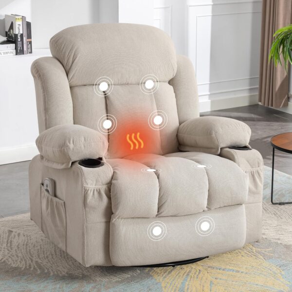 Massage Recliner Chair, Swivel and Rocking Recliner with Heat and Vibration, Breathable Fabric Ergonomic Single Sofa Chair for Living Room with Cup Holders, Side Pockets and USB