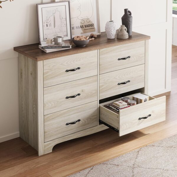 LINSY HOME 6 Drawers Dresser for Bedroom, Modern Wood Dresser Organizer, Closet Dresser Storage with Metal Handles, Large Bedroom Dresser, Oak White - Image 5