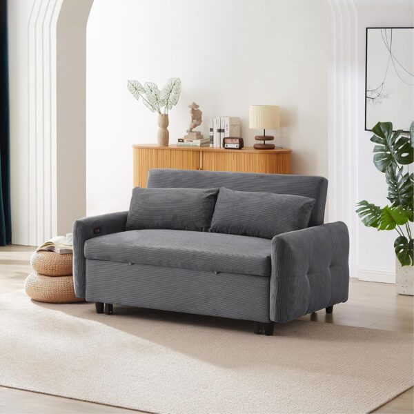 Merax 57.48" Pull-Out Sofa Bed Convertible Couch,2 Seat Loveseat Sofa with 3 Levels Adjustable Backrest,USB Ports and Two Throw Pillows,Modern Corduroy Sleeper Sofa for Living Room(Beige) - Image 7