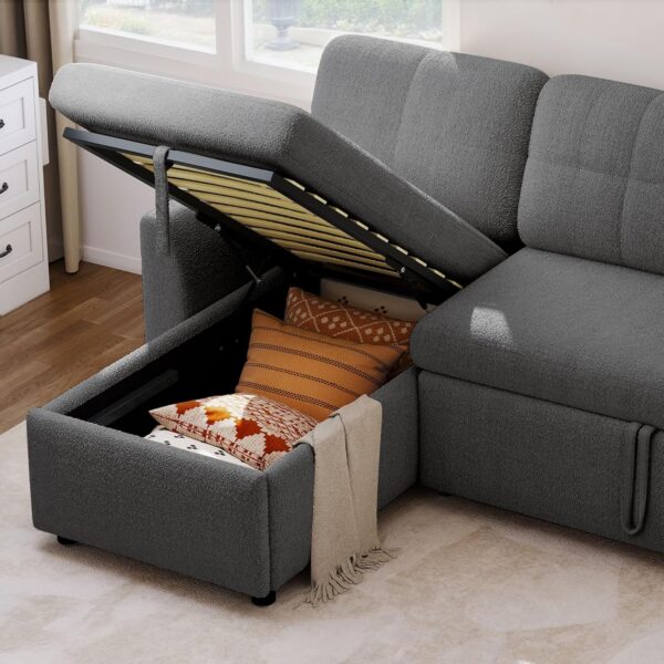 YITAHOME 86" Sleeper Sofa, 2 in 1 Convertible Sofa Bed with Pull Out Couch Bed and Storage Chaise, L-Shape Sectional Sofa for Living Room, Teddy Fleece, Grey - Image 3