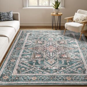 Area Rugs 8x10 Machine Washable, Boho Rug for Living Room Bedroom, Ultra-Soft Non-Slip Stain Resistant Vintage Rugs for for Kitchen Dining Room Office Home Decor, Dull Teal